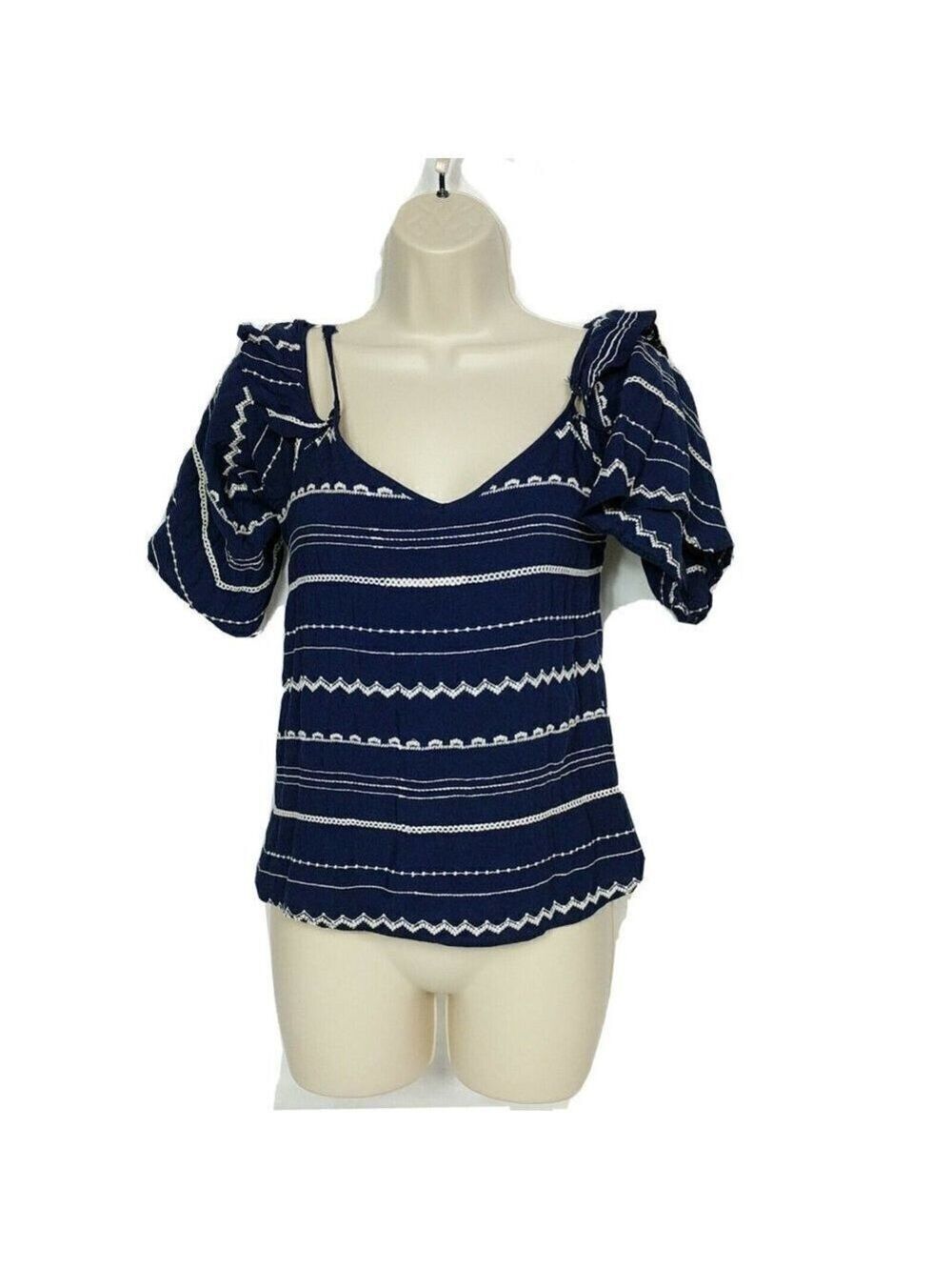 Saks Fifth Avenue Blue White Cold Shoulder Top XS